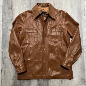 Vintage Hi Gear 1970s Brown Vinyl Leather Snap Front Mens Hippie Jacket Sz M